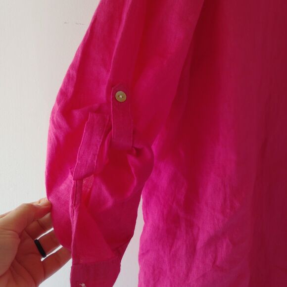 Sigrid Olsen Top Plus Size 2X Hot Pink Linen Button Up Roll Tab Sleeve Shirt - Picture 2 of 6